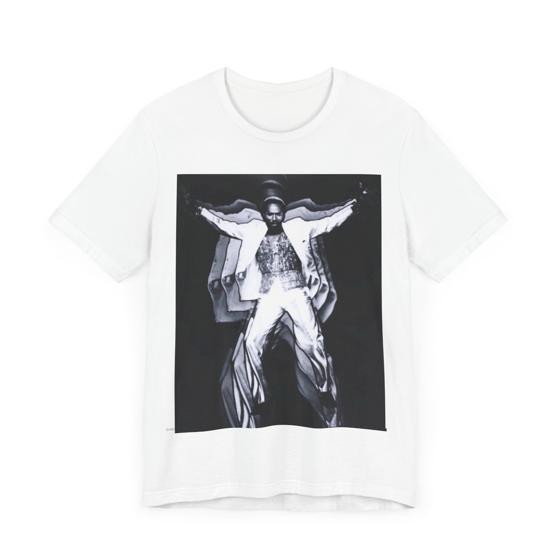 A black graphic t-shirt featuring a 70s aesthetic graphic of Marvin Gaye.