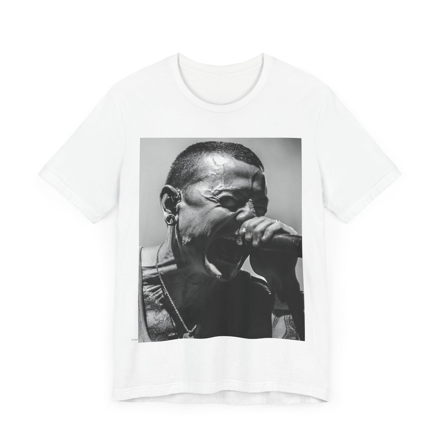 A black graphic t-shirt featuring a fierce graphic of Linkin Park performing live on stage.