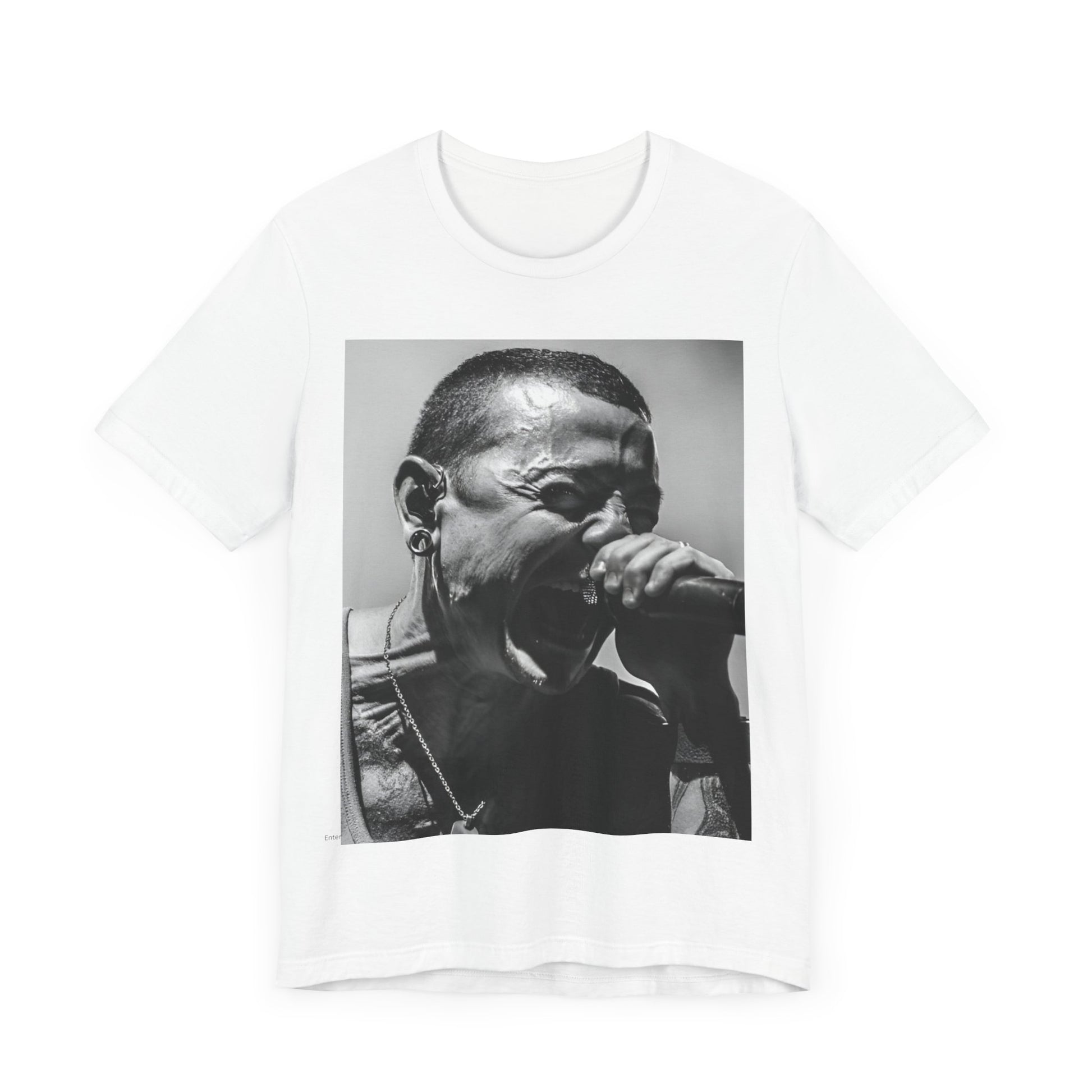 A black graphic t-shirt featuring a fierce graphic of Linkin Park performing live on stage.