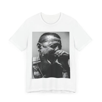 A black graphic t-shirt featuring a fierce graphic of Linkin Park performing live on stage.