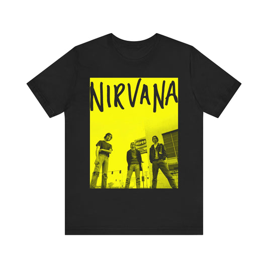 A black graphic t-shirt featuring a neon yellow aesthetic graphic of Nirvana.