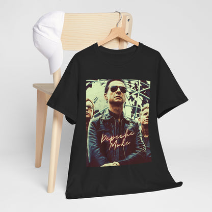 A black graphic t-shirt featuring a graphic of Depeche Mode as synth-pop pioneers.