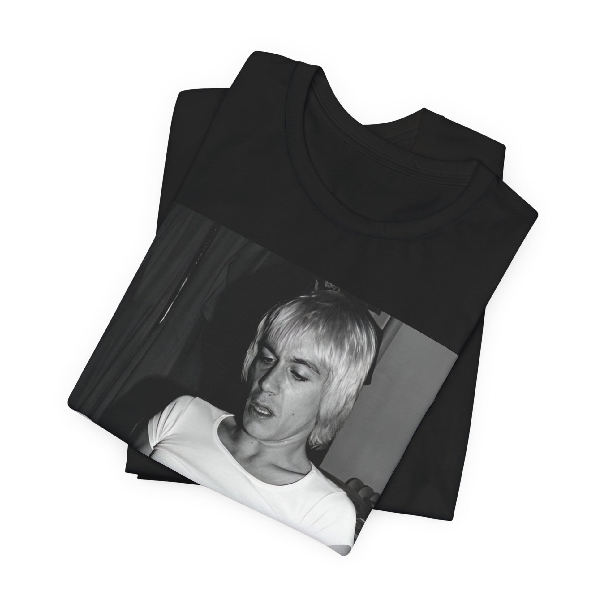 A black graphic t-shirt featuring a 70s classic photo of Iggy Pop and The Stooges.