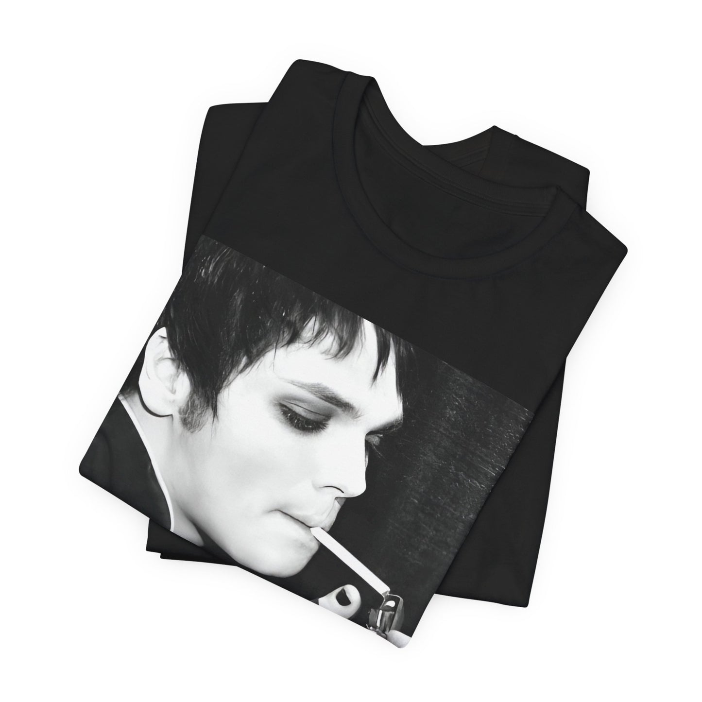 A black graphic t-shirt featuring a black and white graphic or photo of My Chemical Romance in a backstage setting.
