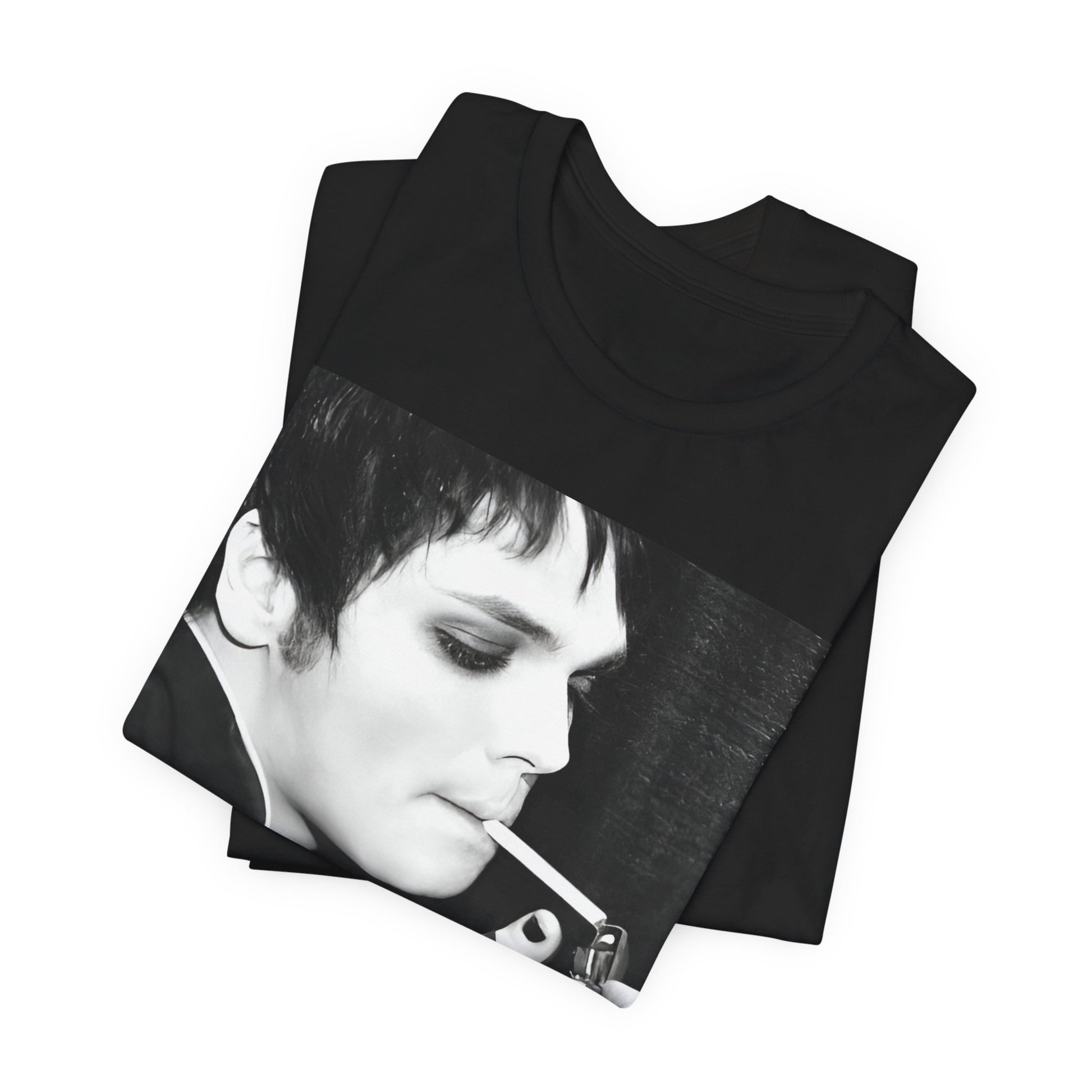 A black graphic t-shirt featuring a black and white graphic or photo of My Chemical Romance in a backstage setting.