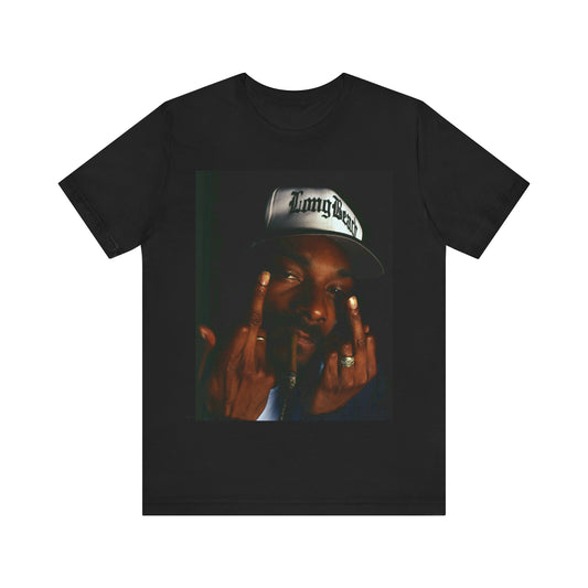 A black graphic t-shirt featuring a graphic of Snoop Dogg giving the middle finger.