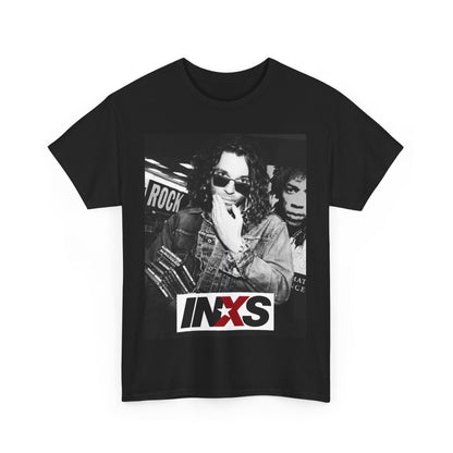 A black graphic t-shirt featuring a black and white, monochrome graphic or photo of INXS.