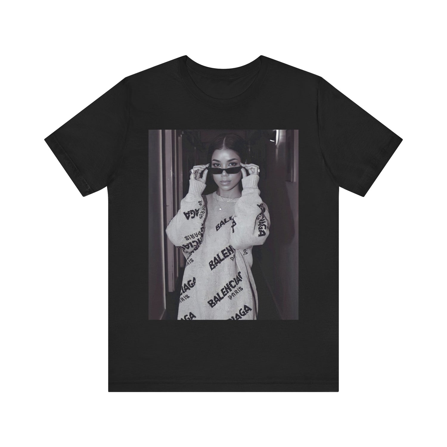 A black graphic t-shirt featuring a black and white, monochrome graphic or photo of Jhene Aiko.
