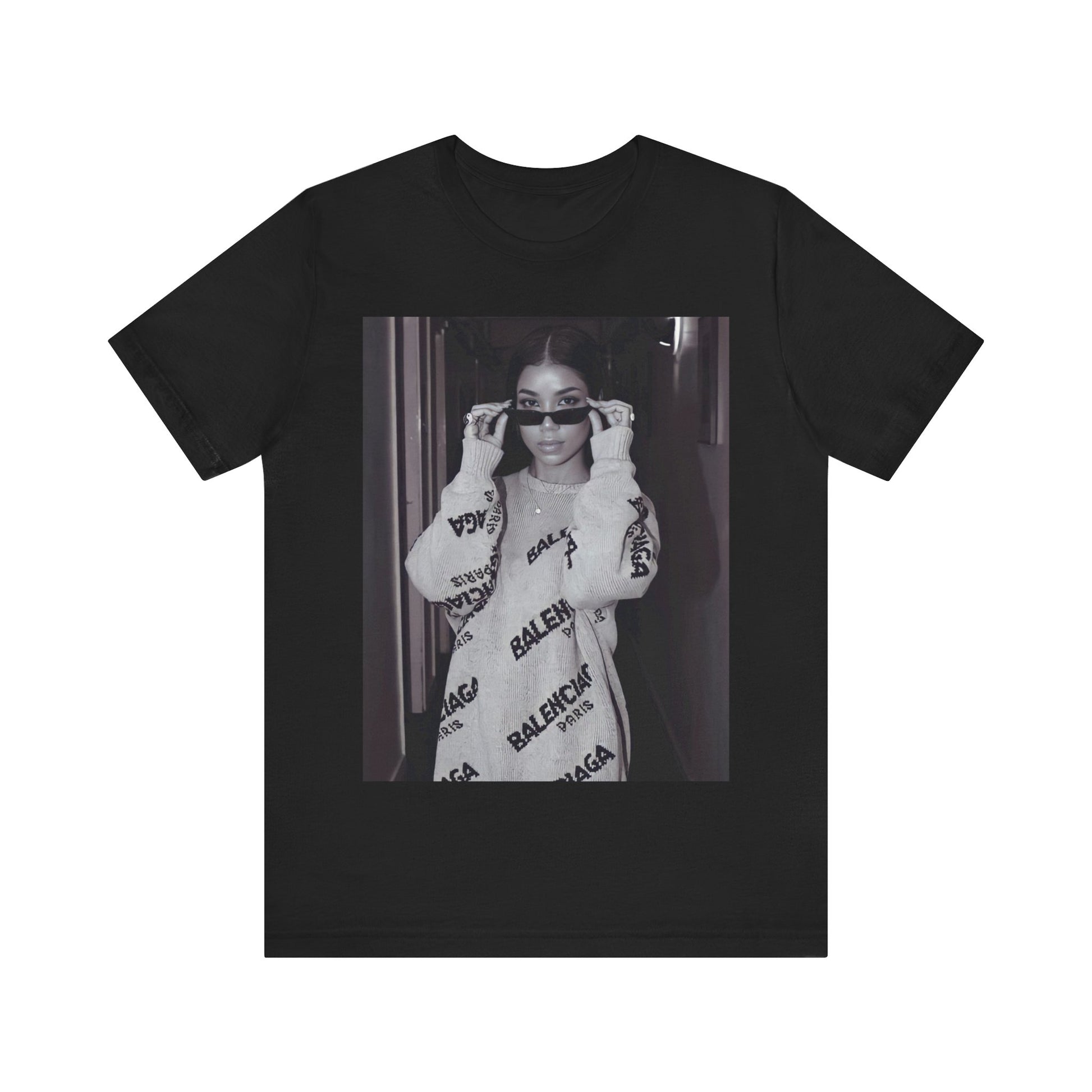A black graphic t-shirt featuring a black and white, monochrome graphic or photo of Jhene Aiko.