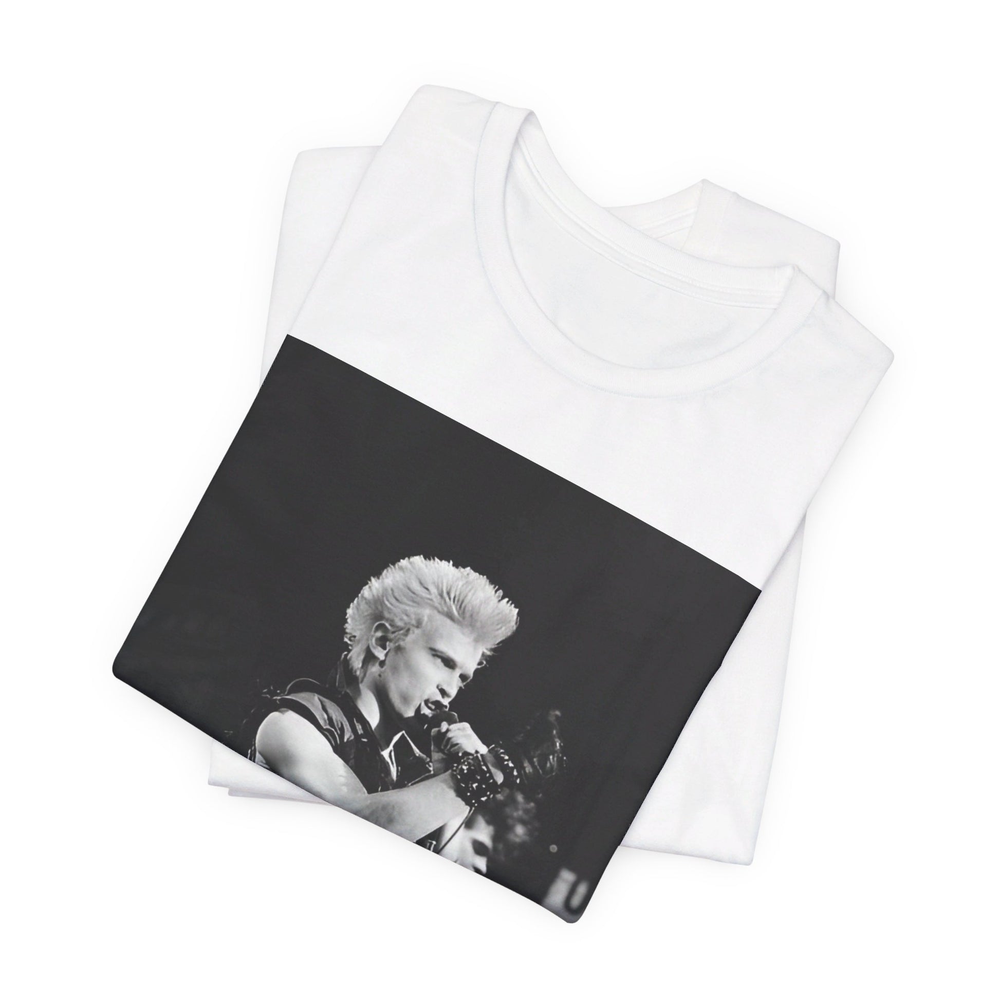 A black graphic t-shirt featuring a relaxed or candid graphic of Billy Idol, possibly on stage or in a merch style.