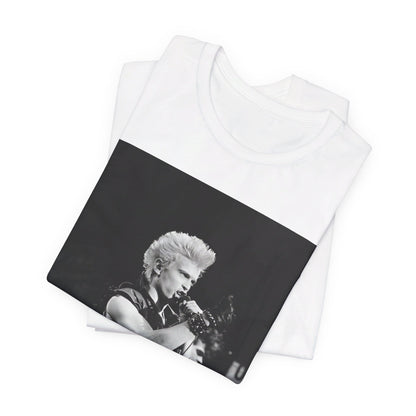 A black graphic t-shirt featuring a relaxed or candid graphic of Billy Idol, possibly on stage or in a merch style.