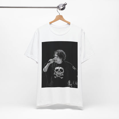 A black graphic t-shirt featuring a black and white portrait photo of Gerard Way from My Chemical Romance.