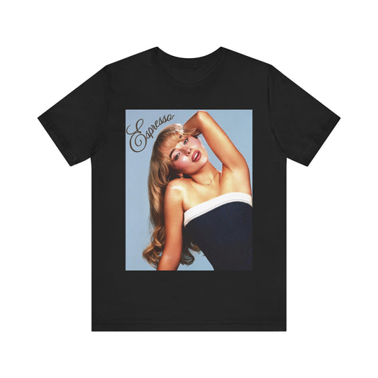 A black graphic t-shirt featuring a graphic related to Sabrina Carpenter's 'Espresso' song.