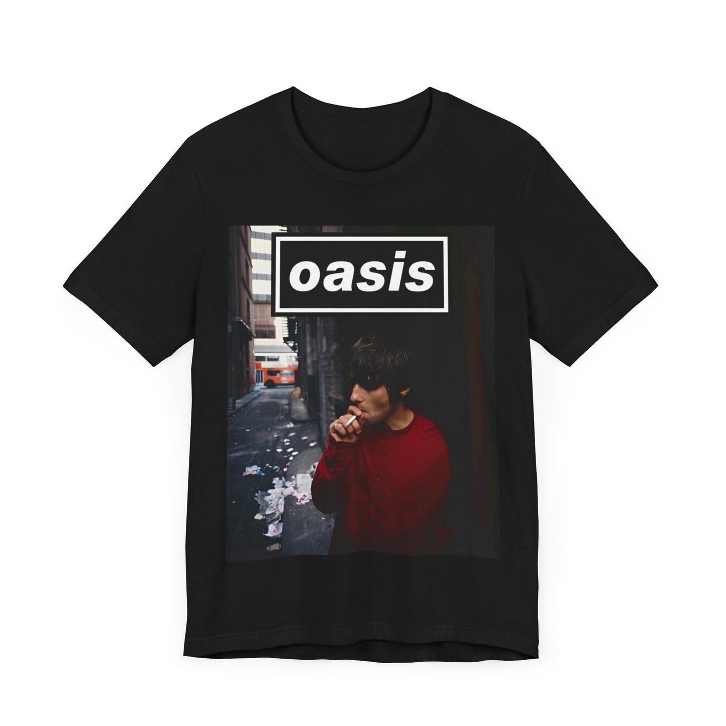 A black graphic t-shirt featuring a classic 90s rock and roll graphic of Oasis.