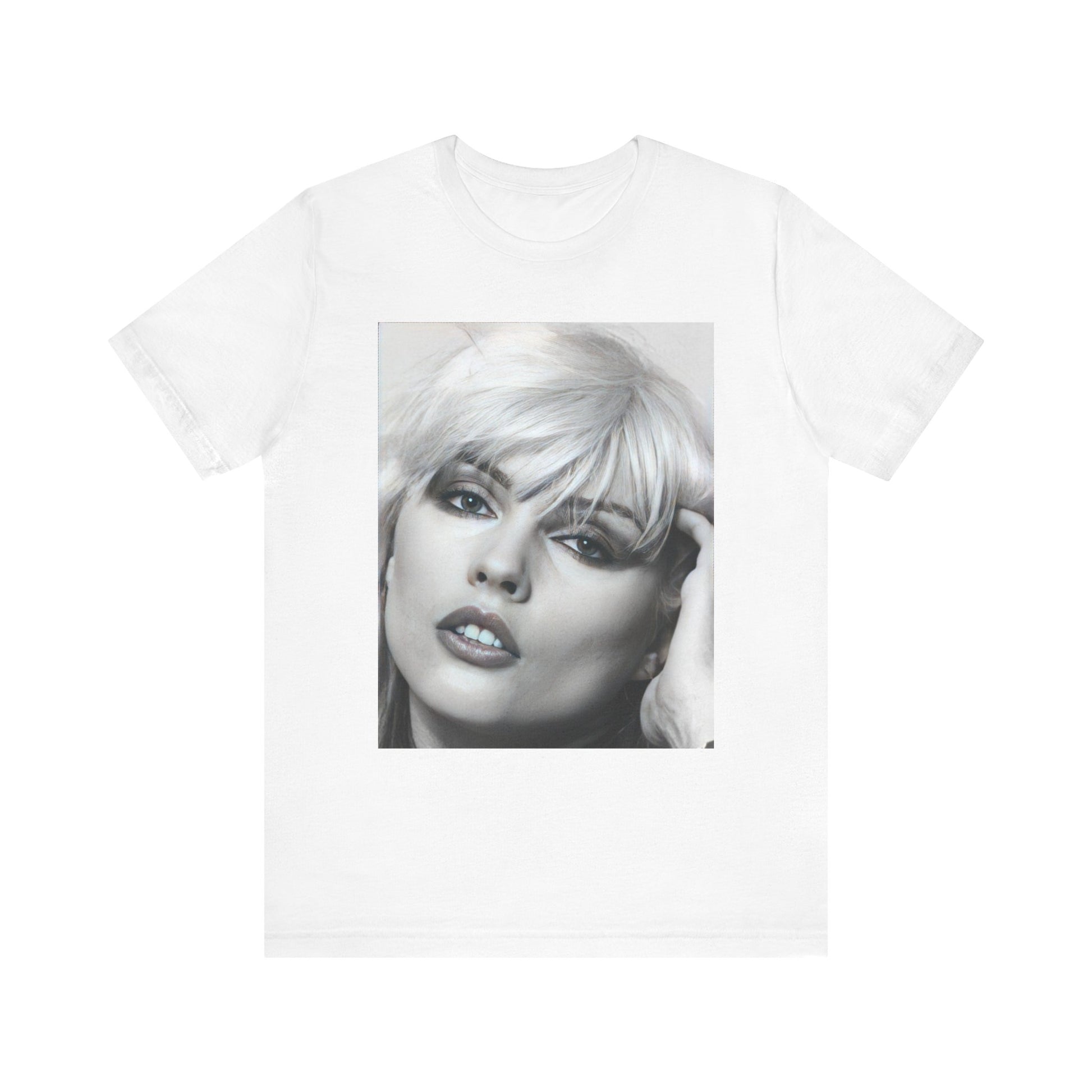 A black graphic t-shirt featuring an iconic black and white portrait photo of Debbie Harry from Blondie.