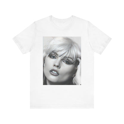 A black graphic t-shirt featuring an iconic black and white portrait photo of Debbie Harry from Blondie.
