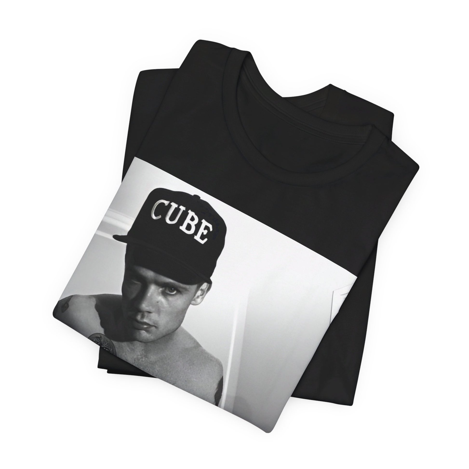 A black graphic t-shirt featuring a black and white graphic or photo of Flea from Red Hot Chili Peppers performing live on stage.
