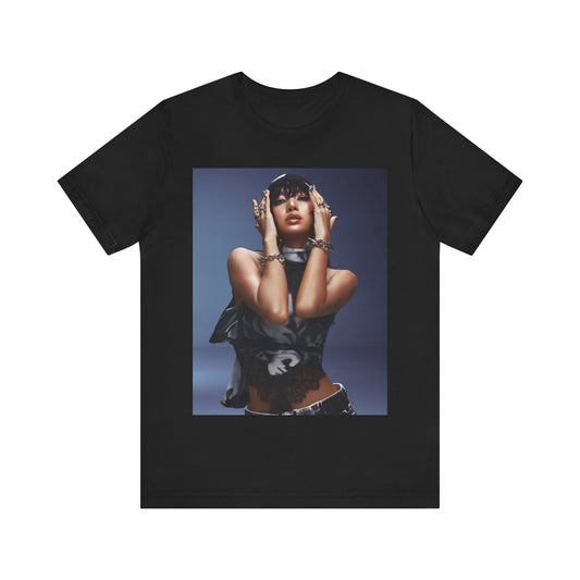 A black graphic t-shirt featuring a bold visual graphic of Lisa from K-Pop.