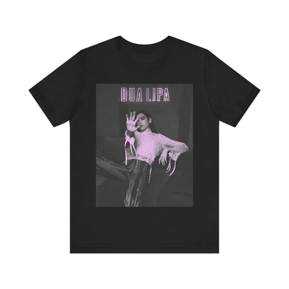 A black graphic t-shirt featuring a photo of Dua Lipa with a pink monochrome effect.