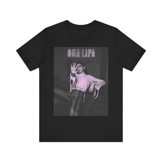 A black graphic t-shirt featuring a photo of Dua Lipa with a pink monochrome effect.