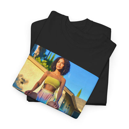 A black graphic t-shirt featuring a retro R&B aesthetic graphic of Jhene Aiko.