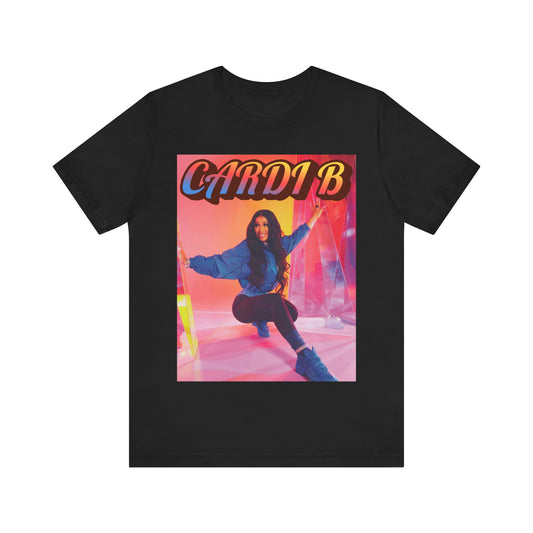 A black graphic t-shirt featuring a graphic of Cardi B, designed with a rap aesthetic.
