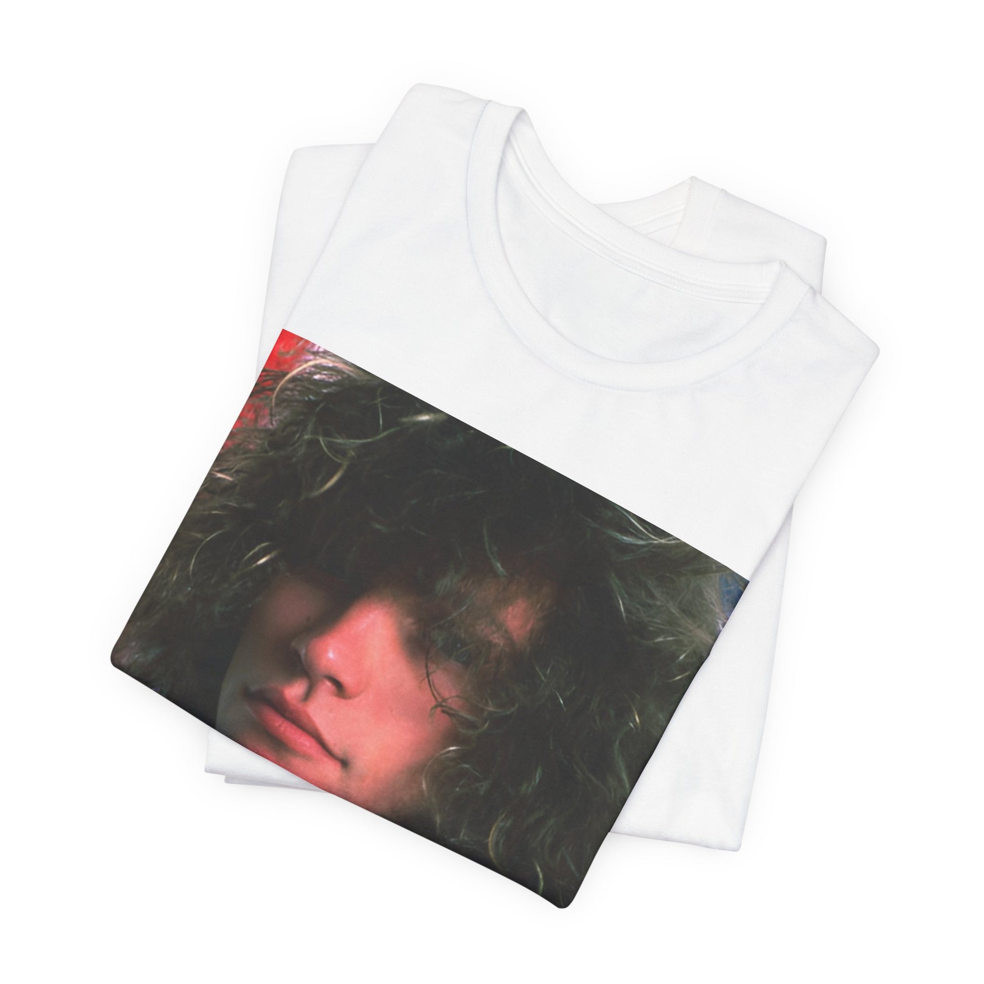 A black graphic t-shirt featuring a graphic of Bon Jovi, possibly with a Superman logo or a tattoo-inspired design.