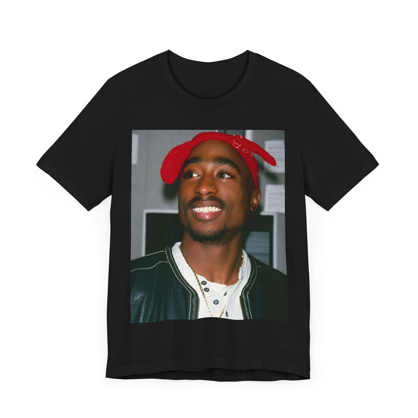 A black graphic t-shirt featuring a graphic of Tupac with his iconic bandana style.