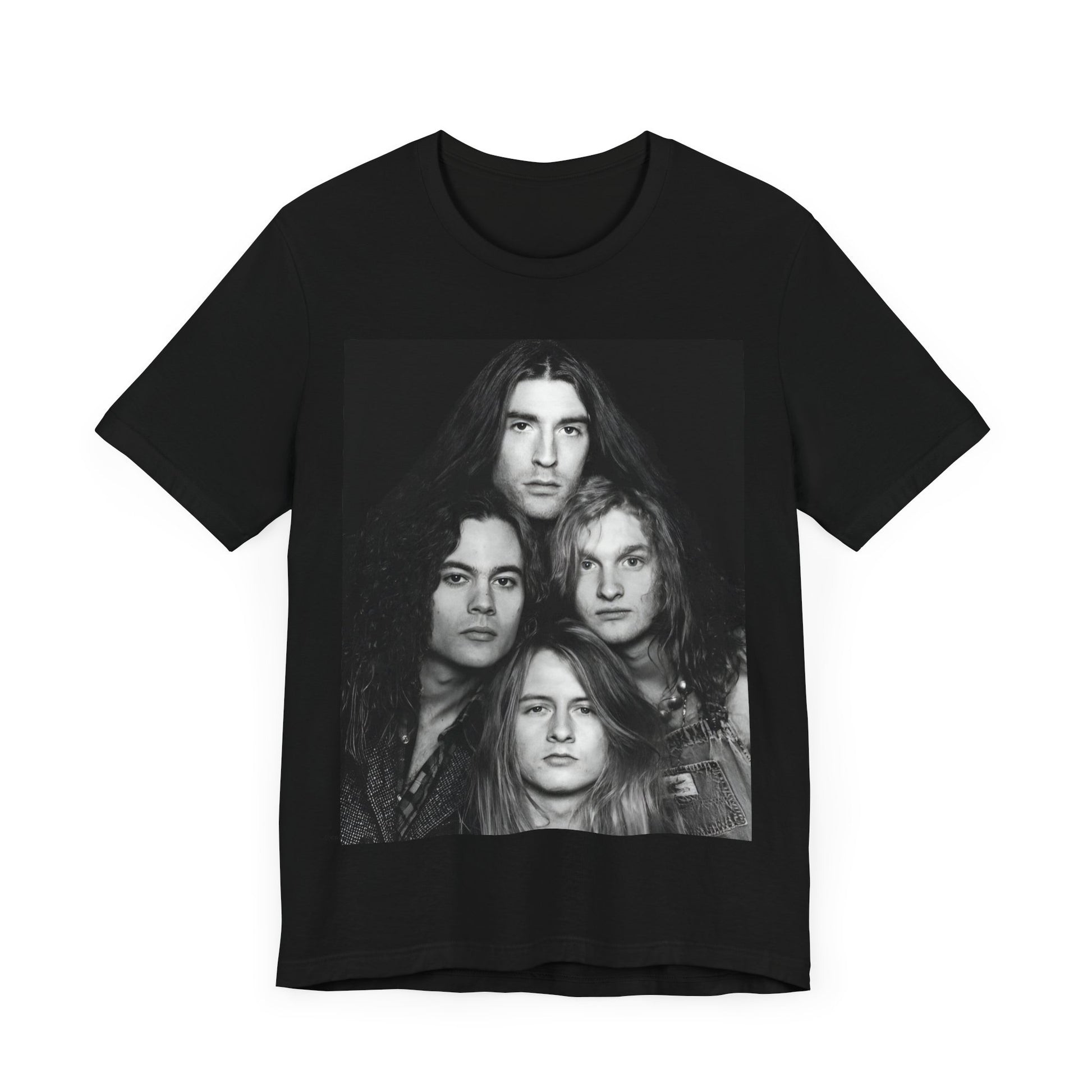 A black graphic t-shirt featuring a black and white graphic related to Alice In Chains' 90s 'Facelift' album era, possibly with band members in a stylized design.