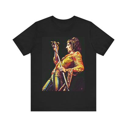 A black graphic t-shirt featuring a retro 70s graphic or photo of Rod Stewart performing live on stage.