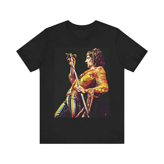 A black graphic t-shirt featuring a retro 70s graphic or photo of Rod Stewart performing live on stage.