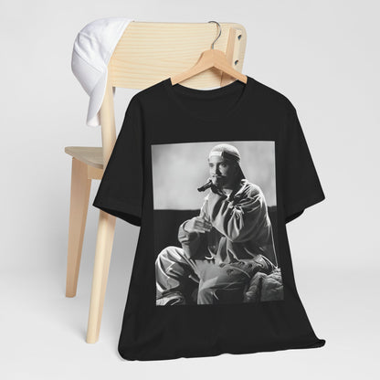 A black graphic t-shirt featuring a black and white graphic of Eminem as a 'Rap Messiah'.
