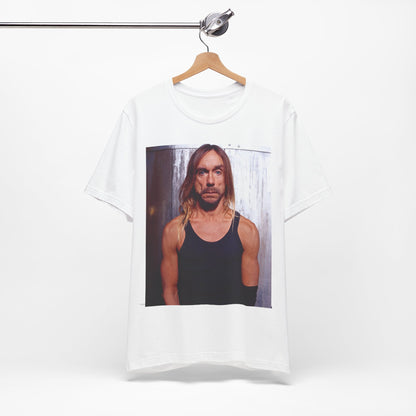 A black graphic t-shirt featuring a 90s vintage proto-punk icon graphic of Iggy Pop.