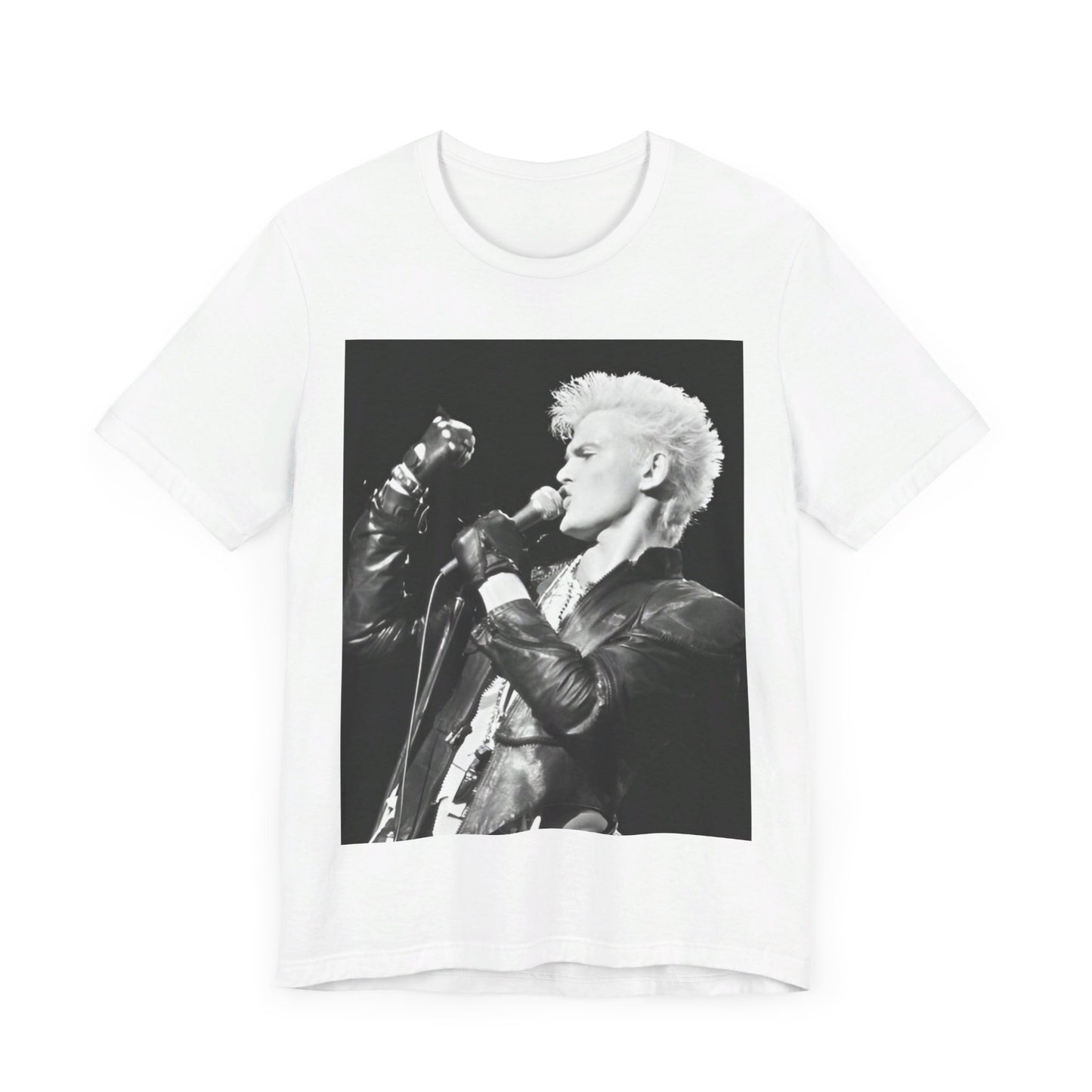 A black graphic t-shirt featuring an iconic 80s black and white concert graphic of Billy Idol performing live on stage.