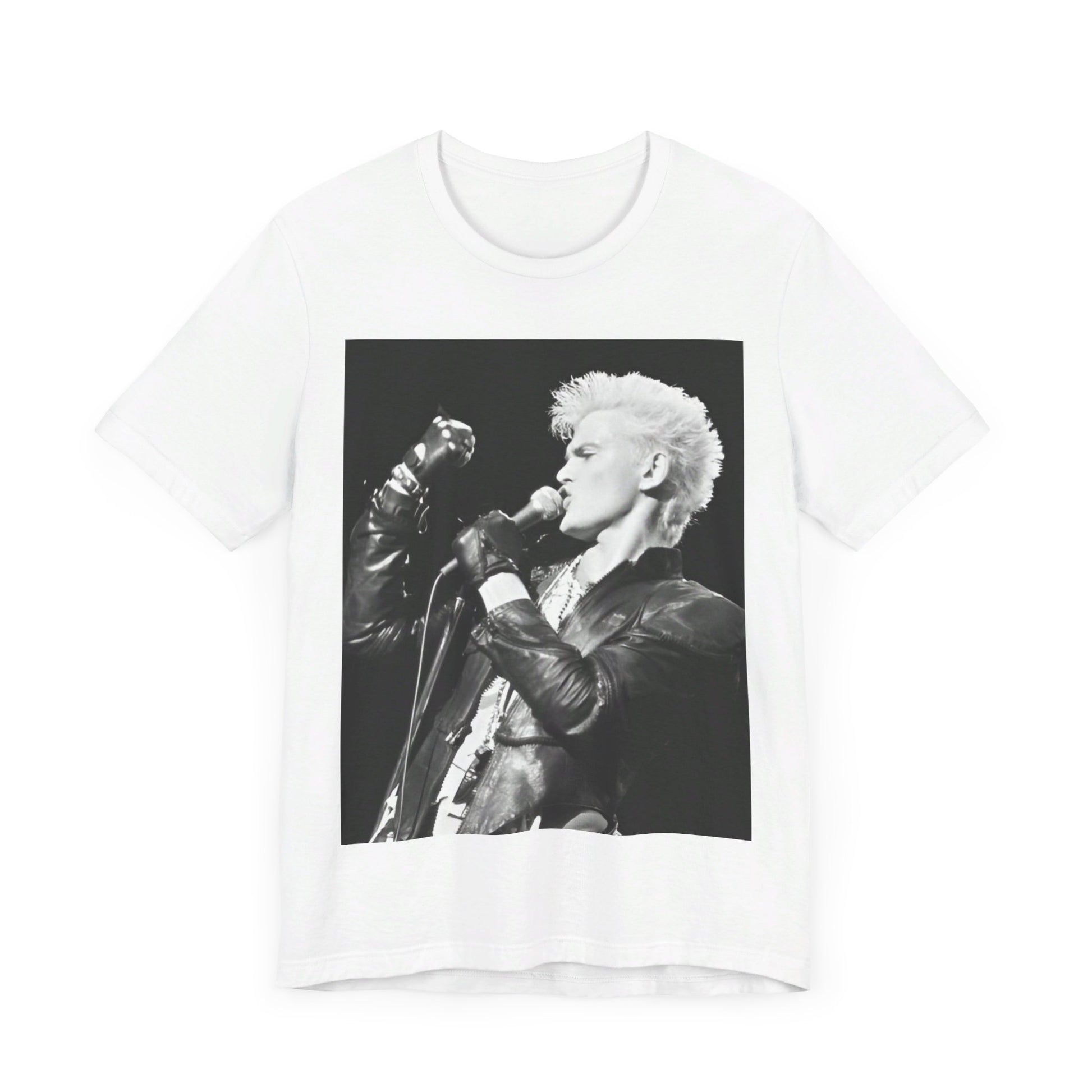 A black graphic t-shirt featuring an iconic 80s black and white concert graphic of Billy Idol performing live on stage.