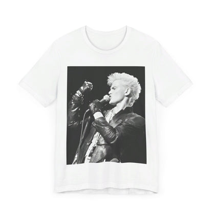 A black graphic t-shirt featuring an iconic 80s black and white concert graphic of Billy Idol performing live on stage.