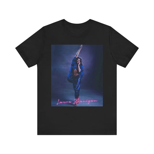 A black graphic t-shirt featuring an 80s synth pop aesthetic graphic of Laura Branigan.