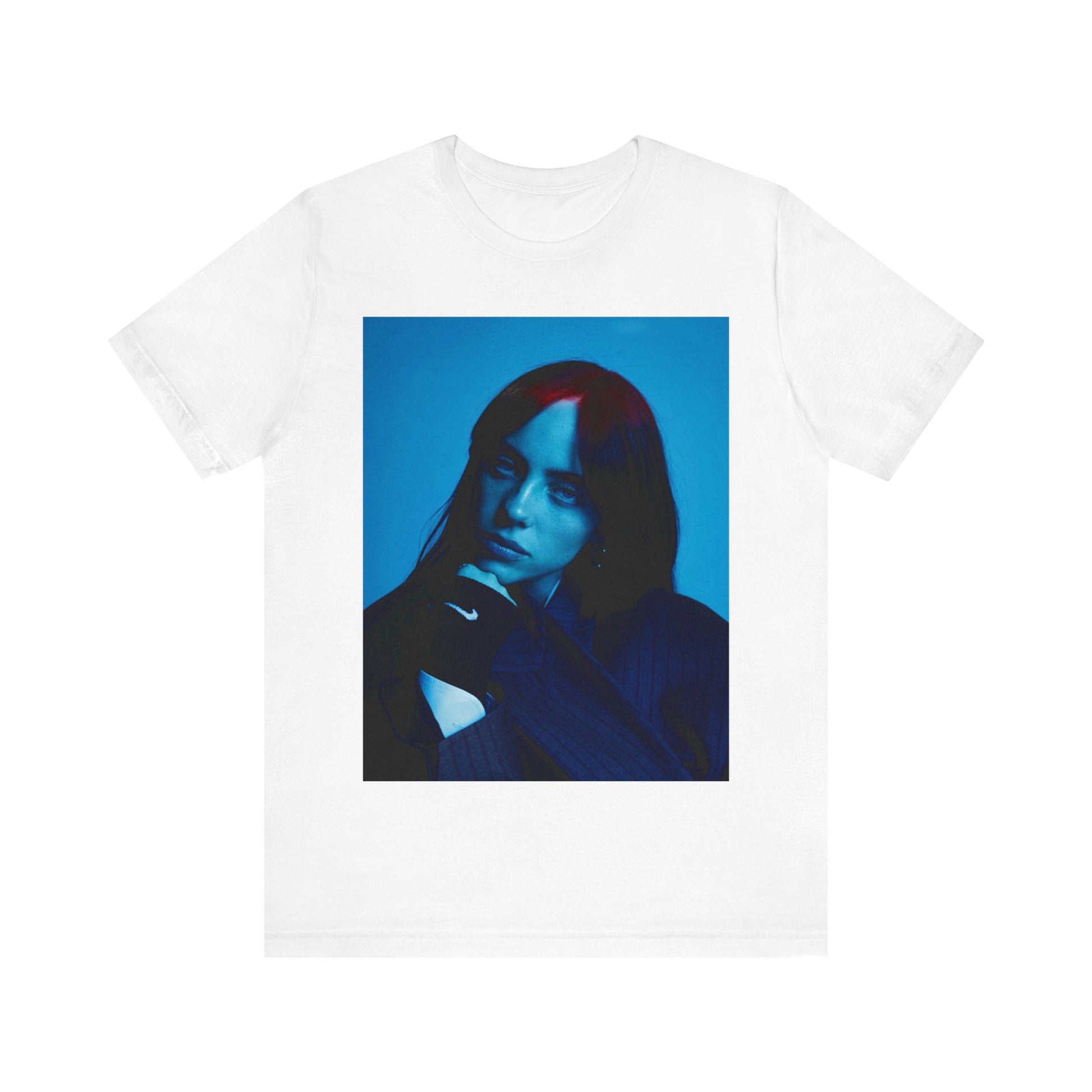 A soft, slightly blurred photo of Billie Eilish, evoking the dreamy and nostalgic feel of her song 'Ocean Eyes,' printed on a t-shirt.