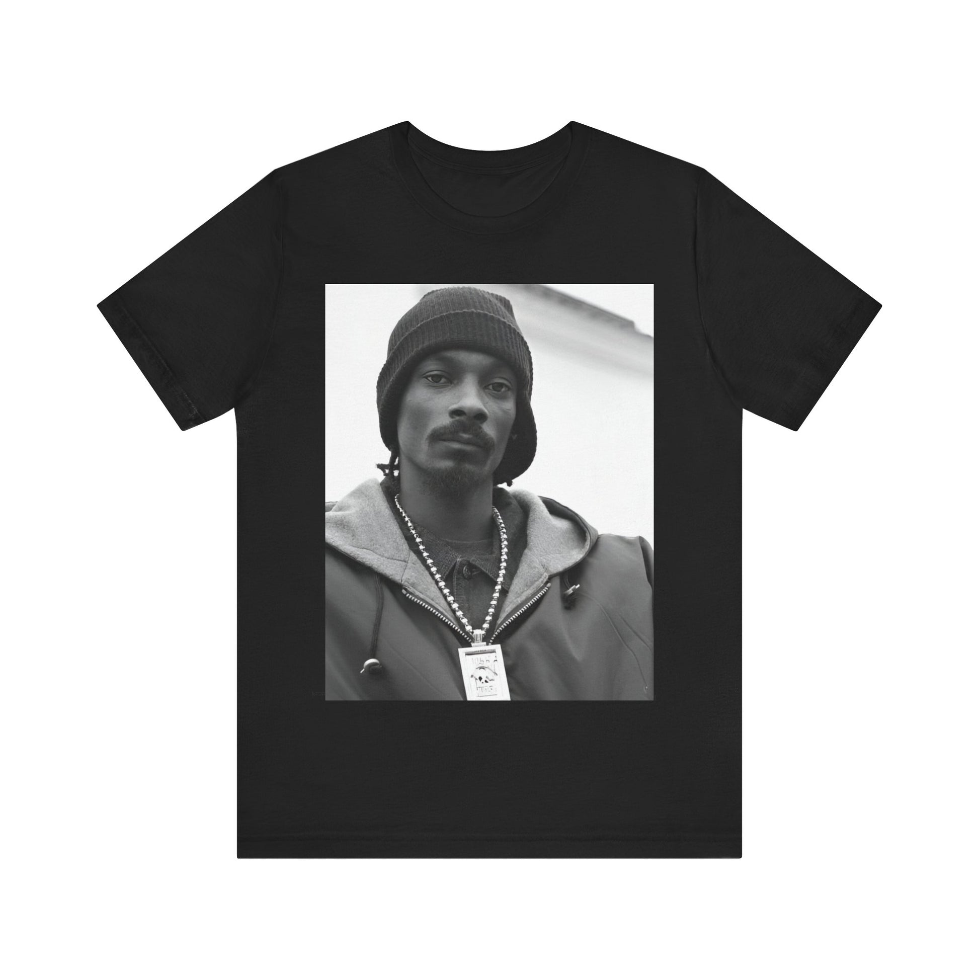 A black graphic t-shirt featuring a black and white, monochrome graphic of Snoop Dogg with an OG cool vibe.