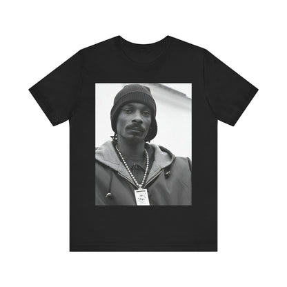 A black graphic t-shirt featuring a black and white, monochrome graphic of Snoop Dogg with an OG cool vibe.