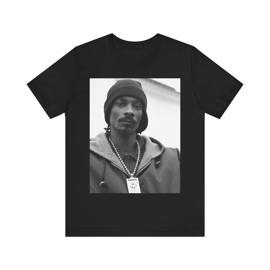 A black graphic t-shirt featuring a black and white, monochrome graphic of Snoop Dogg with an OG cool vibe.