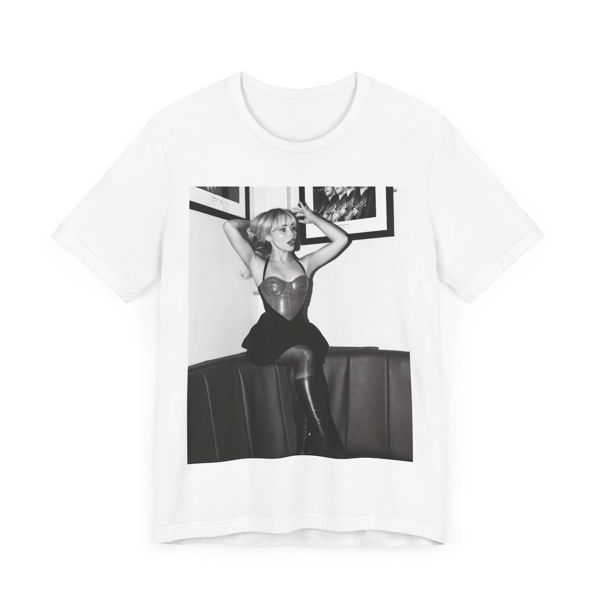 A black graphic t-shirt featuring a black and white graphic of Sabrina Carpenter as a pop princess.