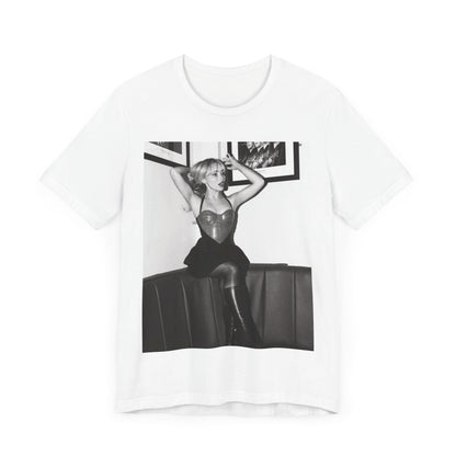 A black graphic t-shirt featuring a black and white graphic of Sabrina Carpenter as a pop princess.