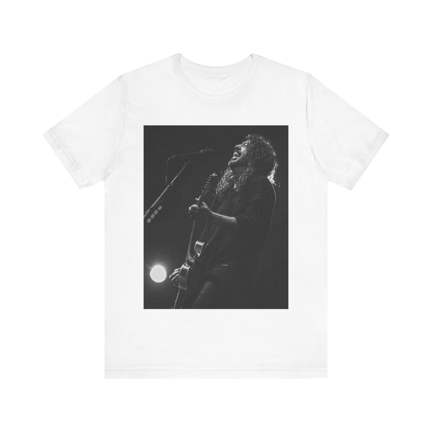 A black graphic t-shirt featuring a graphic of Dave Grohl from Foo Fighters as a rock legend.
