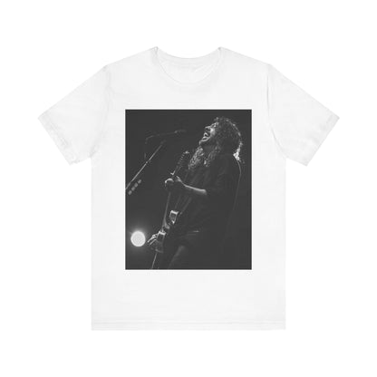 A black graphic t-shirt featuring a graphic of Dave Grohl from Foo Fighters as a rock legend.