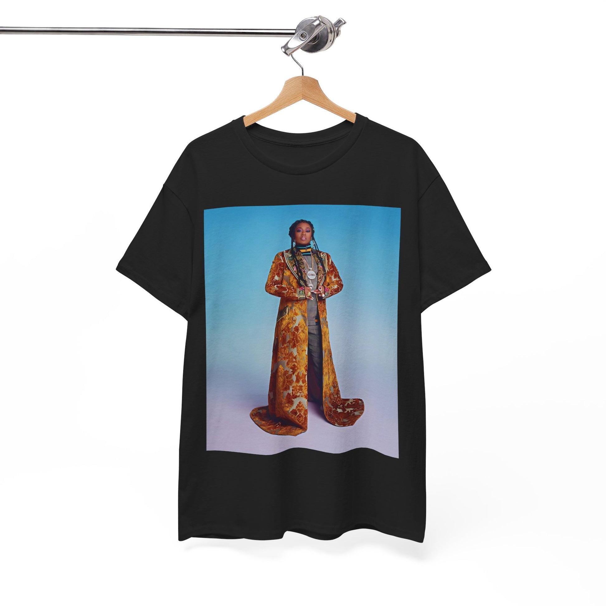 A black graphic t-shirt featuring a graphic of Missy Elliott as an iconic fashion trendsetter.