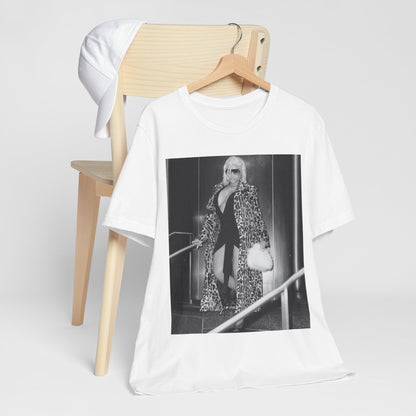 A black graphic t-shirt featuring a black and white glam aesthetic graphic of Nicki Minaj.