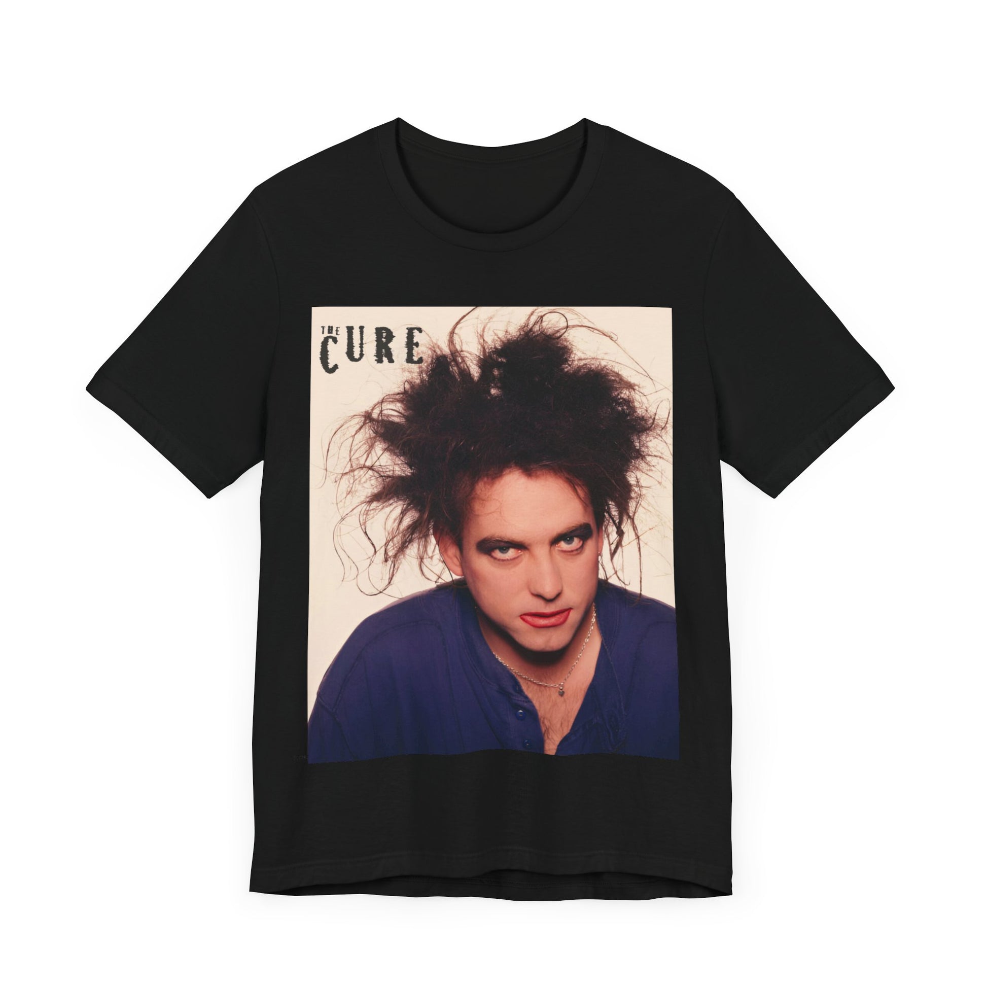 A black graphic t-shirt featuring a photo portrait of Robert Smith from The Cure.