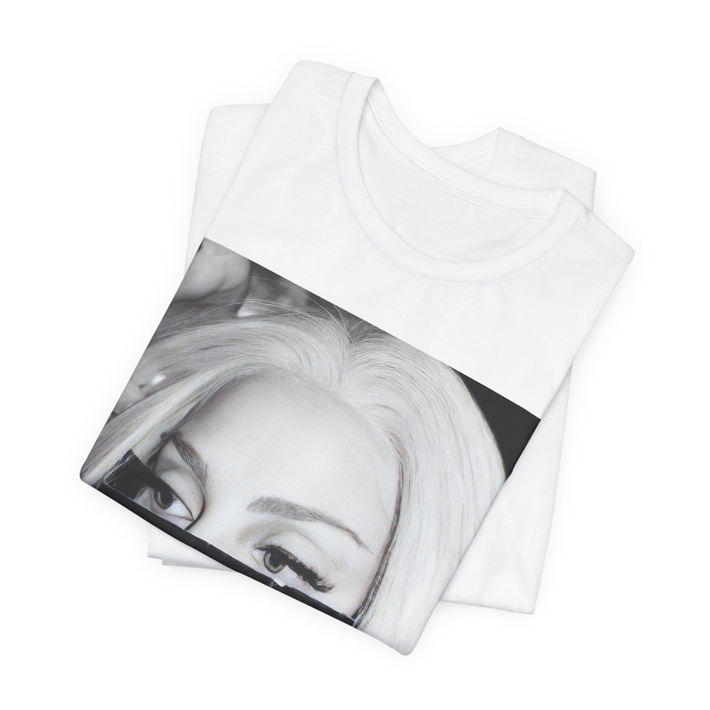 A black graphic t-shirt featuring a black and white graphic or photo of Lady Gaga in a backstage setting.