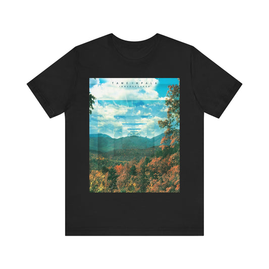 A black graphic t-shirt featuring a graphic related to Tame Impala's 'InnerSpeaker' album.